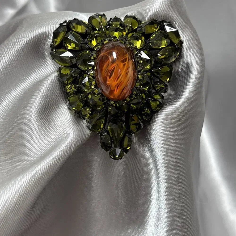RARE SCHREINER NEW YORK Orange Cabochon Green Rhinestone Vintage Brooch 2.5”